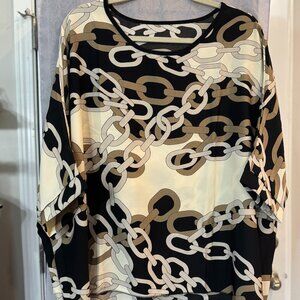 Chain Print Tunic Top Oversized Batwing Blouse Black Tan Cream